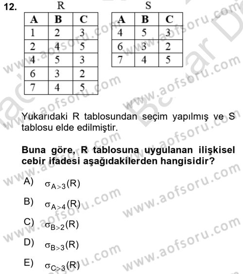Veritabanı Sistemleri Dersi 2021 - 2022 Yılı (Vize) Ara Sınav Soruları 12. Soru