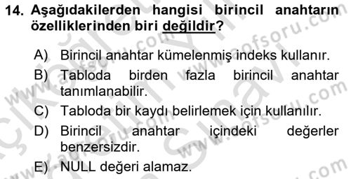 Veritabanı Sistemleri Dersi 2021 - 2022 Yılı (Vize) Ara Sınav Soruları 14. Soru