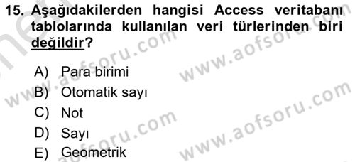Veritabanı Sistemleri Dersi 2021 - 2022 Yılı (Vize) Ara Sınav Soruları 15. Soru