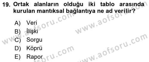 Veritabanı Sistemleri Dersi 2021 - 2022 Yılı (Vize) Ara Sınav Soruları 19. Soru