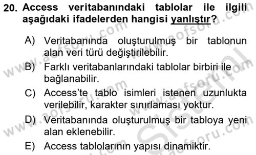 Veritabanı Sistemleri Dersi 2021 - 2022 Yılı (Vize) Ara Sınav Soruları 20. Soru