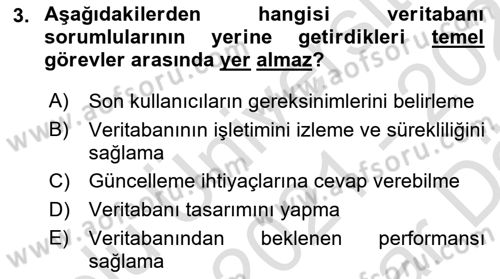 Veritabanı Sistemleri Dersi 2021 - 2022 Yılı (Vize) Ara Sınav Soruları 3. Soru