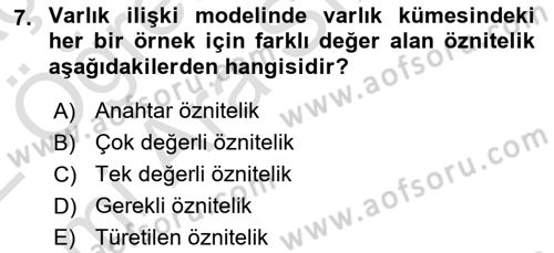 Veritabanı Sistemleri Dersi 2021 - 2022 Yılı (Vize) Ara Sınav Soruları 7. Soru
