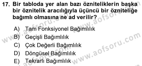 Veritabanı Sistemleri Dersi 2021 - 2022 Yılı (Final) Dönem Sonu Sınav Soruları 17. Soru