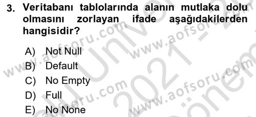 Veritabanı Sistemleri Dersi 2021 - 2022 Yılı (Final) Dönem Sonu Sınav Soruları 3. Soru