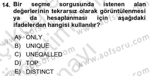 Veritabanı Sistemleri Dersi 2021 - 2022 Yılı Yaz Okulu Sınav Soruları 14. Soru