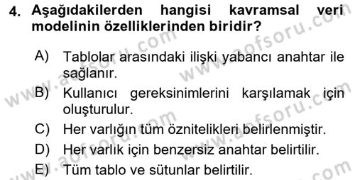 Veritabanı Sistemleri Dersi 2021 - 2022 Yılı Yaz Okulu Sınav Soruları 4. Soru