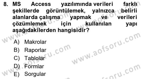 Veritabanı Sistemleri Dersi 2021 - 2022 Yılı Yaz Okulu Sınav Soruları 8. Soru