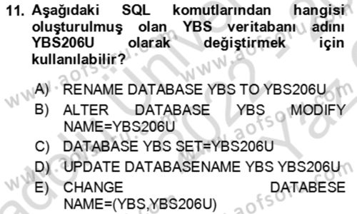 Veritabanı Sistemleri Dersi 2022 - 2023 Yılı Yaz Okulu Sınav Soruları 11. Soru