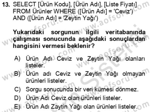 Veritabanı Sistemleri Dersi 2022 - 2023 Yılı Yaz Okulu Sınav Soruları 13. Soru