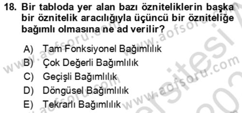 Veritabanı Sistemleri Dersi 2022 - 2023 Yılı Yaz Okulu Sınav Soruları 18. Soru