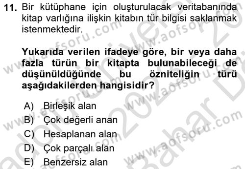 Veritabanı Sistemleri Dersi 2023 - 2024 Yılı (Vize) Ara Sınav Soruları 11. Soru