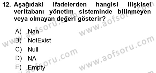 Veritabanı Sistemleri Dersi 2023 - 2024 Yılı (Vize) Ara Sınav Soruları 12. Soru