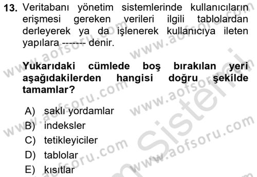 Veritabanı Sistemleri Dersi 2023 - 2024 Yılı (Vize) Ara Sınav Soruları 13. Soru