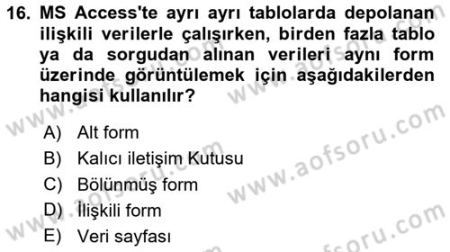 Veritabanı Sistemleri Dersi 2023 - 2024 Yılı (Vize) Ara Sınav Soruları 16. Soru