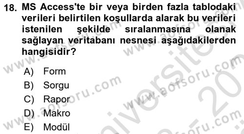 Veritabanı Sistemleri Dersi 2023 - 2024 Yılı (Vize) Ara Sınav Soruları 18. Soru