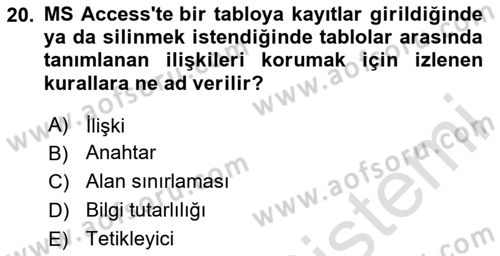 Veritabanı Sistemleri Dersi 2023 - 2024 Yılı (Vize) Ara Sınav Soruları 20. Soru