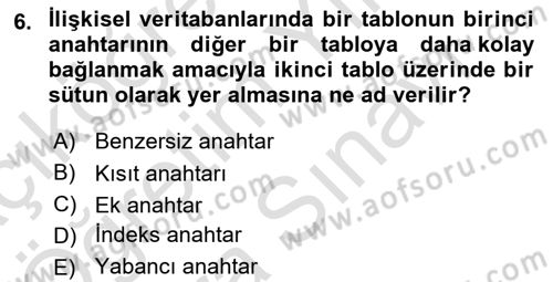 Veritabanı Sistemleri Dersi 2023 - 2024 Yılı (Vize) Ara Sınav Soruları 6. Soru