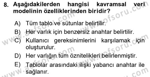 Veritabanı Sistemleri Dersi 2023 - 2024 Yılı (Vize) Ara Sınav Soruları 8. Soru