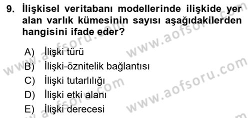 Veritabanı Sistemleri Dersi 2023 - 2024 Yılı (Vize) Ara Sınav Soruları 9. Soru