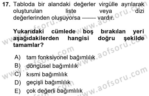 Veritabanı Sistemleri Dersi 2023 - 2024 Yılı (Final) Dönem Sonu Sınav Soruları 17. Soru