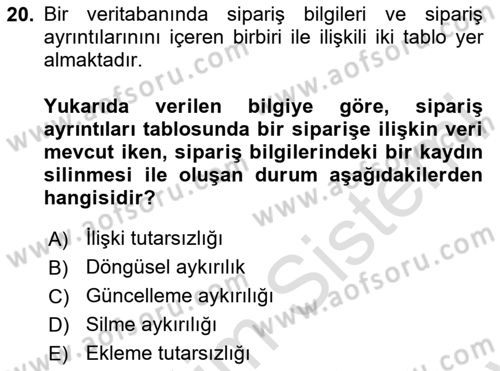 Veritabanı Sistemleri Dersi 2023 - 2024 Yılı (Final) Dönem Sonu Sınav Soruları 20. Soru