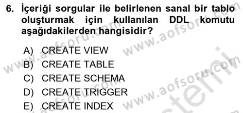 Veritabanı Sistemleri Dersi 2023 - 2024 Yılı (Final) Dönem Sonu Sınav Soruları 6. Soru