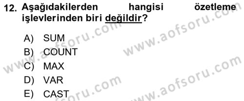 Veritabanı Sistemleri Dersi 2023 - 2024 Yılı Yaz Okulu Sınav Soruları 12. Soru