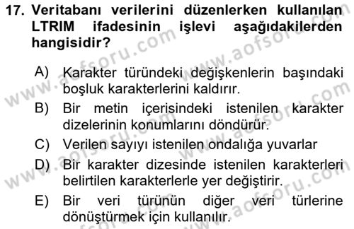 Veritabanı Sistemleri Dersi 2023 - 2024 Yılı Yaz Okulu Sınav Soruları 17. Soru