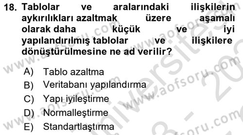 Veritabanı Sistemleri Dersi 2023 - 2024 Yılı Yaz Okulu Sınav Soruları 18. Soru