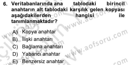 Veritabanı Sistemleri Dersi 2023 - 2024 Yılı Yaz Okulu Sınav Soruları 6. Soru