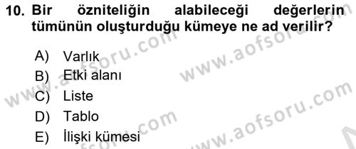 Veritabanı Sistemleri Dersi 2024 - 2025 Yılı (Vize) Ara Sınav Soruları 10. Soru