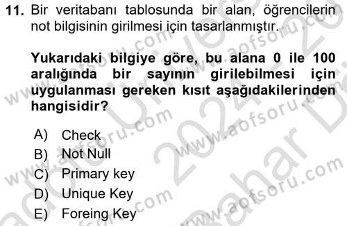 Veritabanı Sistemleri Dersi 2024 - 2025 Yılı (Vize) Ara Sınav Soruları 11. Soru
