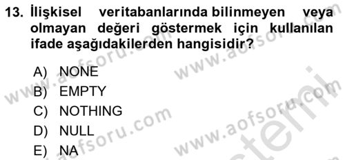 Veritabanı Sistemleri Dersi 2024 - 2025 Yılı (Vize) Ara Sınav Soruları 13. Soru
