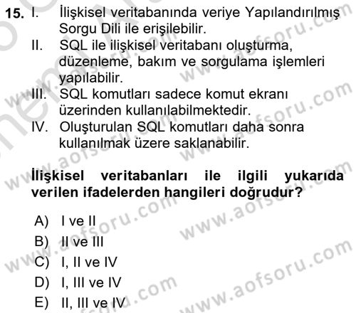Veritabanı Sistemleri Dersi 2024 - 2025 Yılı (Vize) Ara Sınav Soruları 15. Soru