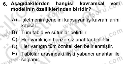 Veritabanı Sistemleri Dersi 2024 - 2025 Yılı (Vize) Ara Sınav Soruları 6. Soru