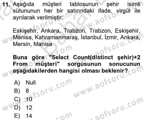 Veritabanı Sistemleri Dersi 2024 - 2025 Yılı (Final) Dönem Sonu Sınav Soruları 11. Soru