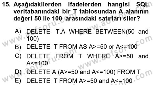 Veritabanı Sistemleri Dersi 2024 - 2025 Yılı (Final) Dönem Sonu Sınav Soruları 15. Soru