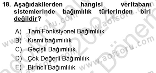 Veritabanı Sistemleri Dersi 2024 - 2025 Yılı (Final) Dönem Sonu Sınav Soruları 18. Soru