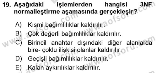 Veritabanı Sistemleri Dersi 2024 - 2025 Yılı (Final) Dönem Sonu Sınav Soruları 19. Soru