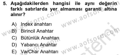 Veritabanı Sistemleri Dersi 2024 - 2025 Yılı (Final) Dönem Sonu Sınav Soruları 5. Soru