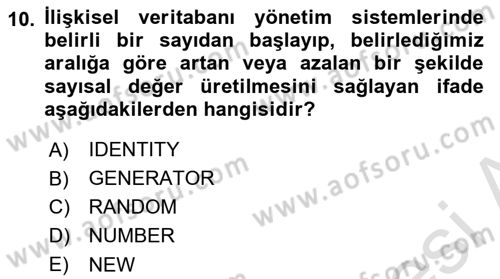 Veritabanı Sistemleri Dersi 2024 - 2025 Yılı Yaz Okulu Sınav Soruları 10. Soru