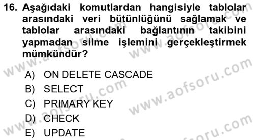 Veritabanı Sistemleri Dersi 2024 - 2025 Yılı Yaz Okulu Sınav Soruları 16. Soru