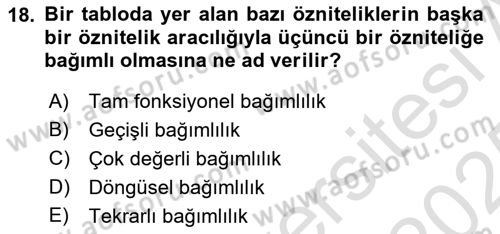Veritabanı Sistemleri Dersi 2024 - 2025 Yılı Yaz Okulu Sınav Soruları 18. Soru