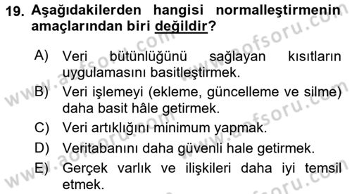 Veritabanı Sistemleri Dersi 2024 - 2025 Yılı Yaz Okulu Sınav Soruları 19. Soru