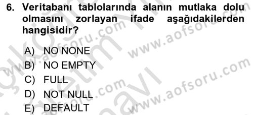 Veritabanı Sistemleri Dersi 2024 - 2025 Yılı Yaz Okulu Sınav Soruları 6. Soru