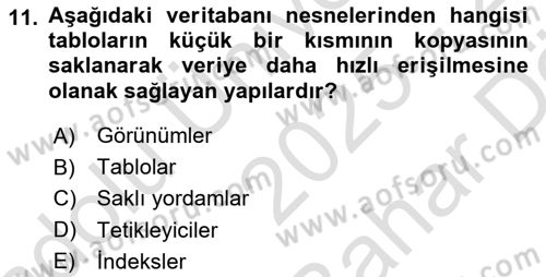 Veritabanı Sistemleri Dersi 2025 - 2026 Yılı (Vize) Ara Sınav Soruları 11. Soru