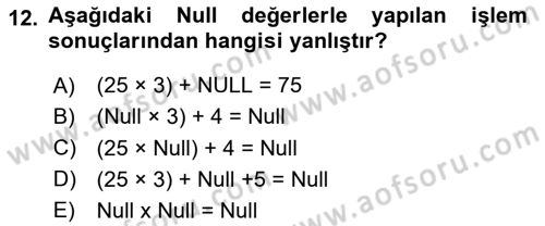 Veritabanı Sistemleri Dersi 2025 - 2026 Yılı (Vize) Ara Sınav Soruları 12. Soru