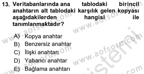 Veritabanı Sistemleri Dersi 2025 - 2026 Yılı (Vize) Ara Sınav Soruları 13. Soru