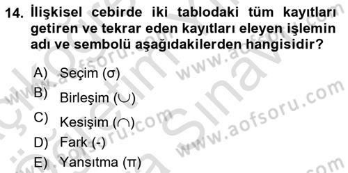 Veritabanı Sistemleri Dersi 2025 - 2026 Yılı (Vize) Ara Sınav Soruları 14. Soru